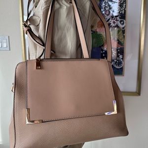 NWOT Taupe Faux Leather Adjustable Work Tote Handbag Crossbody Gold Hardware